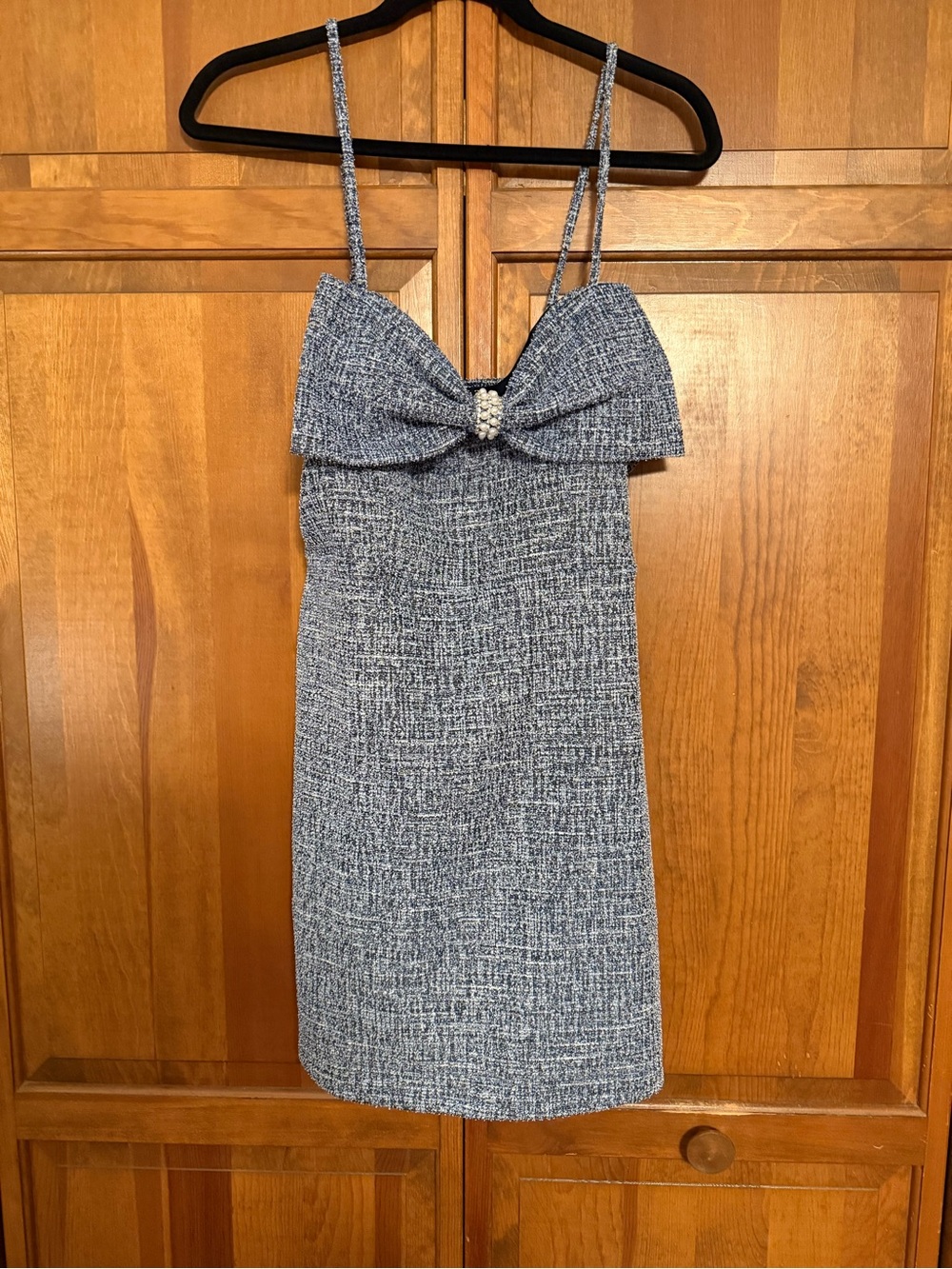 Trixxi Blue Tweed Mini Dress with Crystal-Trim Bow